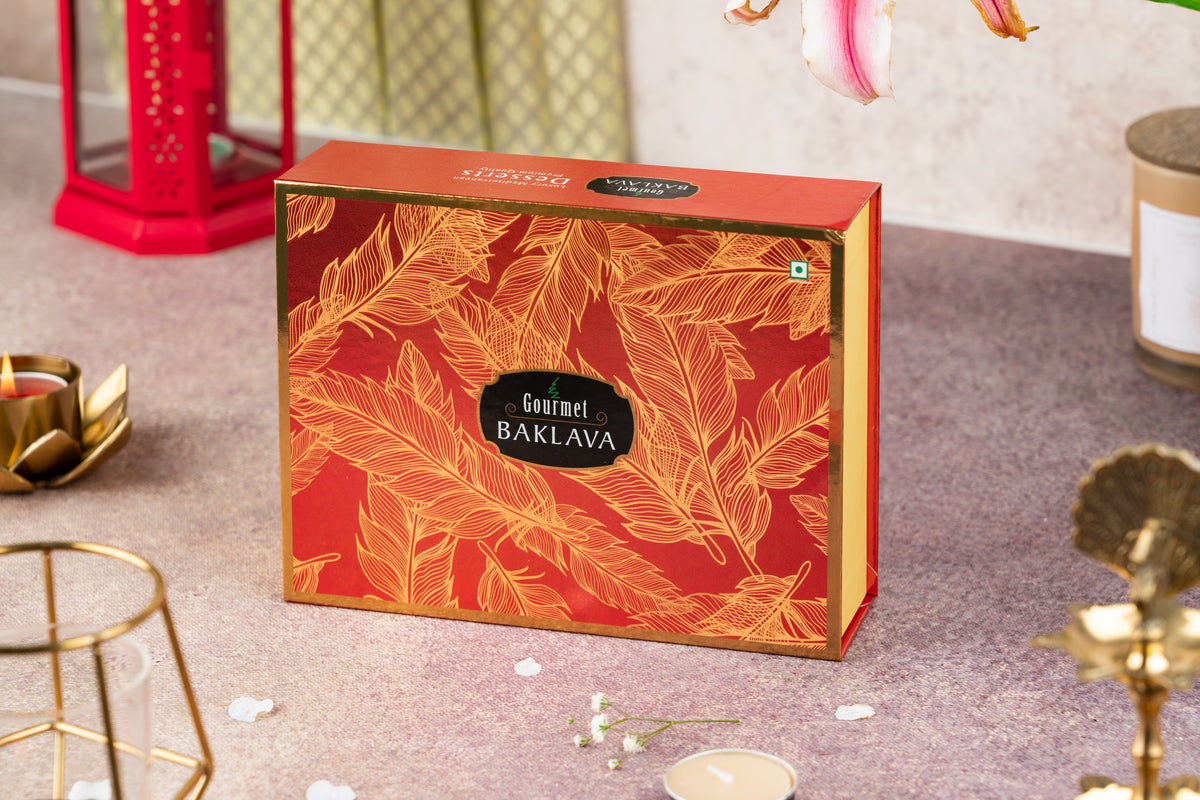 Gourmet Baklava gift box in an orange and red leaf print