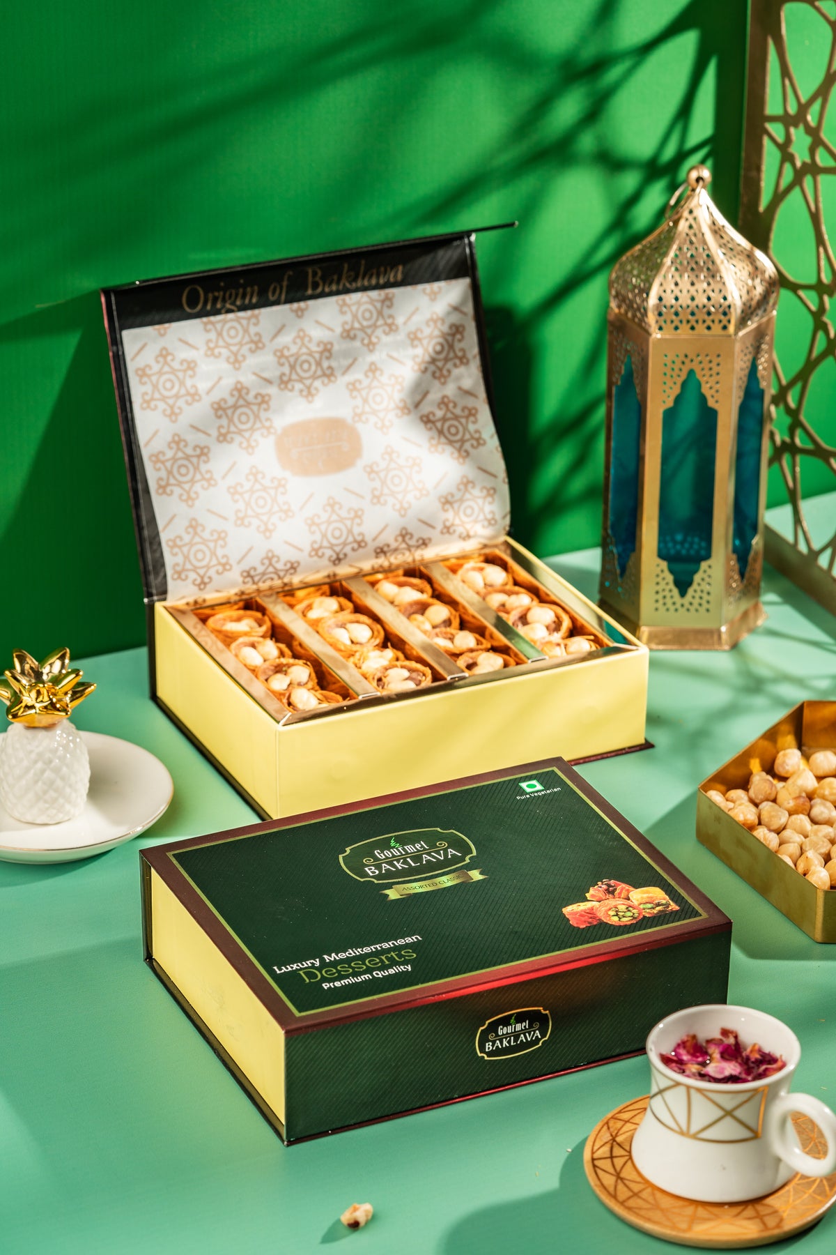 Open gift box of hazelnut nest baklava
