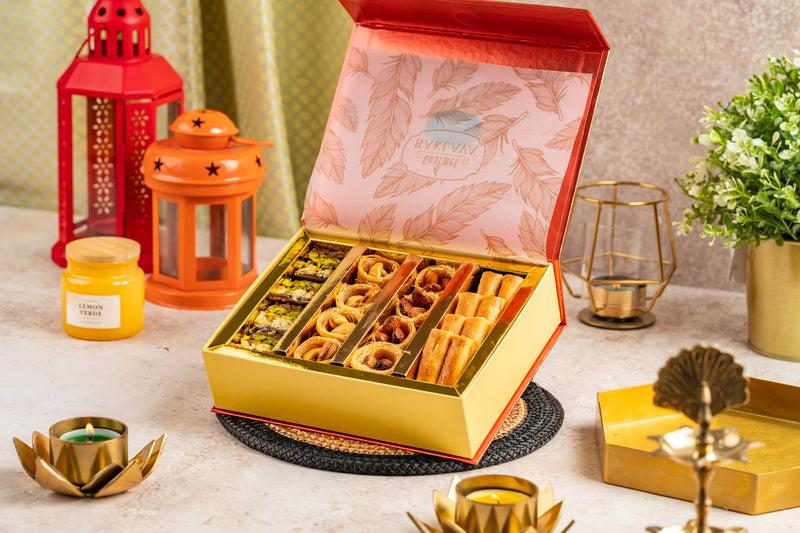Open feather box with assortment