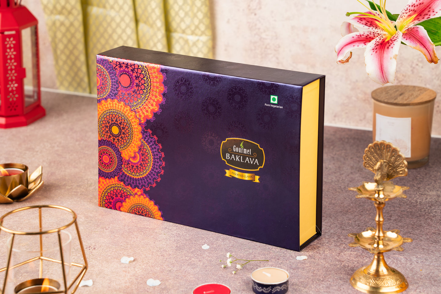 Deluxe Diwali box with dry fruits & Pack of 4 designer scented diyas