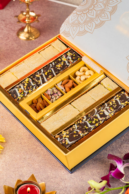 Deluxe Diwali box with dry fruits & Pack of 4 designer scented diyas