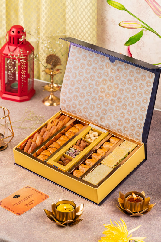 Delicious Diwali Gift box with dry fruits & Pack of 4 designer scented diyas