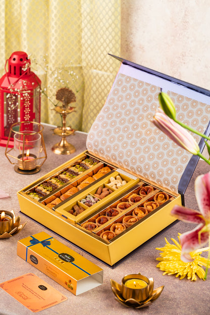 Dazzling Diwali Gift box with dry fruits & Pack of 4 designer scented diyas