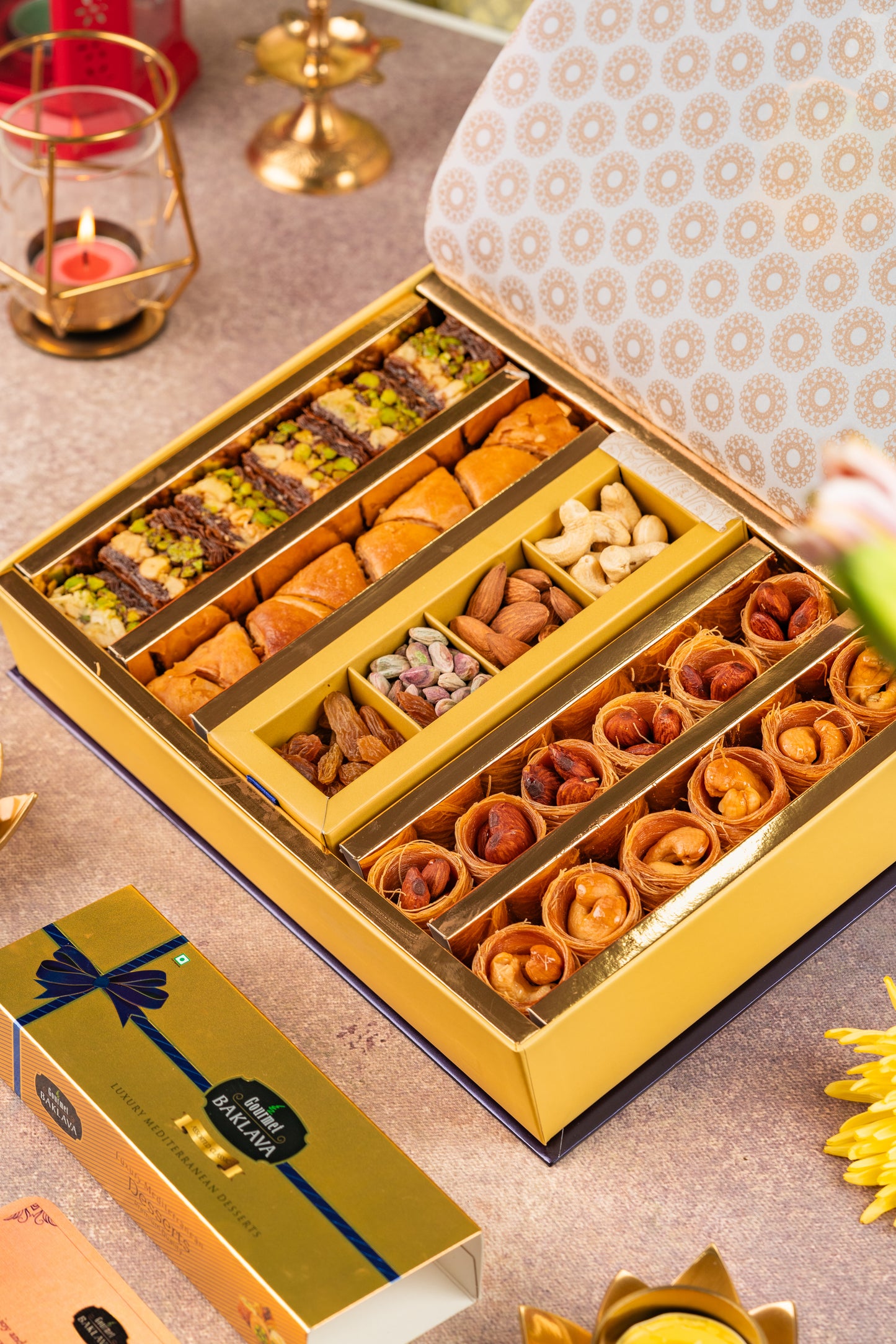 Dazzling Diwali Gift box with dry fruits & Pack of 4 designer scented diyas