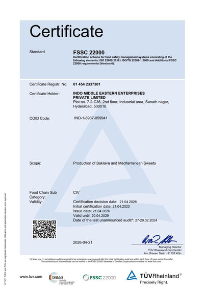 FSSC 22000 food safety certificate for Gourmet Baklava